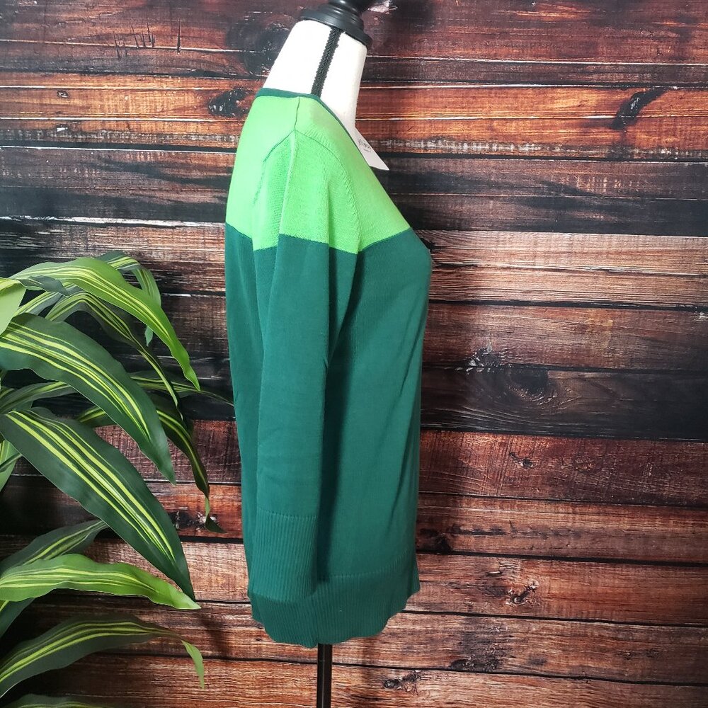 NWT Bob Mackie XS Sweater Knit Top Color Block Cutout Green 3/4 Sleeves Art - Picture 3 of 10